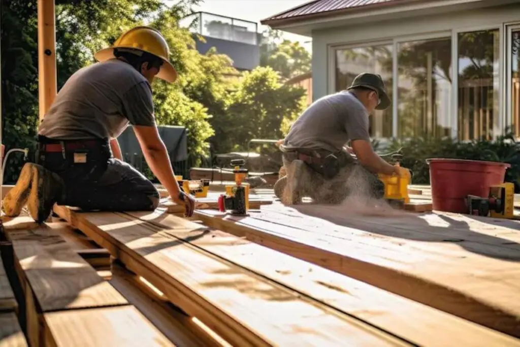professional contractors building outdoor deck