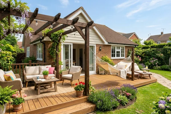 Custom backyard pergola with wood decking, patio furniture, string lights, and lush landscaping designed for relaxing and entertaining outdoors in Treasure Valley.