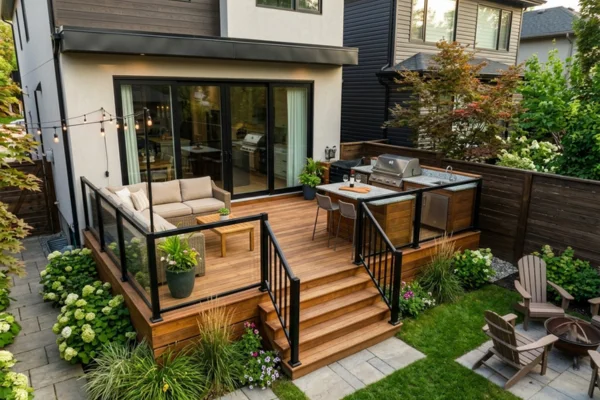 Modern backyard small deck with outdoor kitchen, dining area, lounge seating, fire table, black railings, and integrated stair lighting — built for a Meridian home.