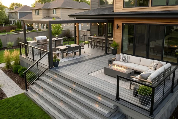 Multi-level composite deck with gray decking, modern safety railings, an outdoor kitchen, and a covered seating area with string lights.