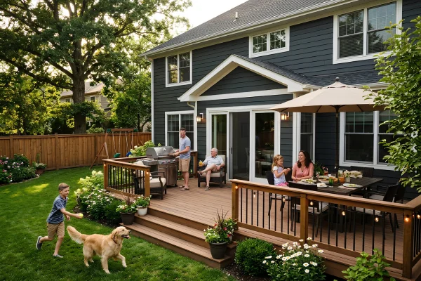Raised wooden deck with black metal railings, outdoor dining furniture, and a grill beside a dark-sided home, with a family spending time together in the backyard.